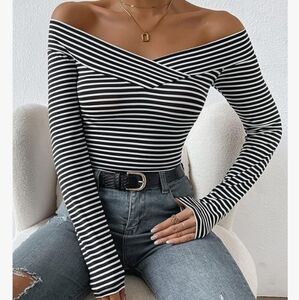 Striped Black and White Off The Shoulder Top